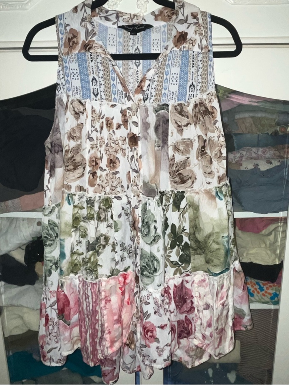 YOUNG THREADS XL Patchwork Floral Tiered Sleeveless Tunic - Multi Color